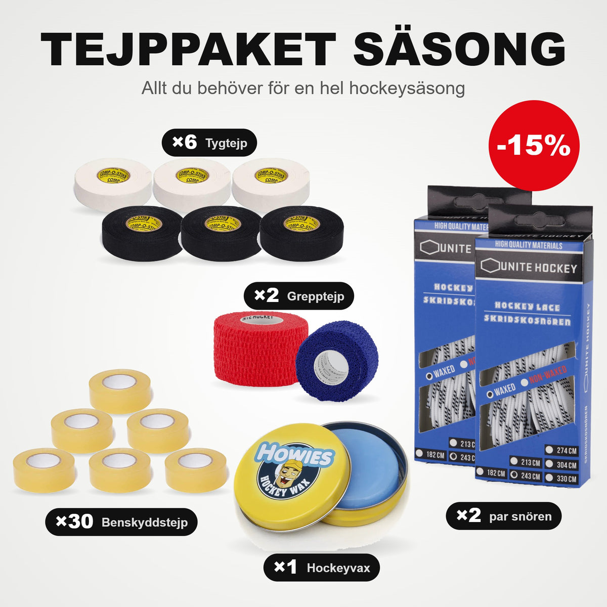 Teibikomplekt Hooaeg: 30 säärekaitsme-teip, 6 riideteipi, 2 haardeteipi, 2 paari uisupaelu ja hokivaha