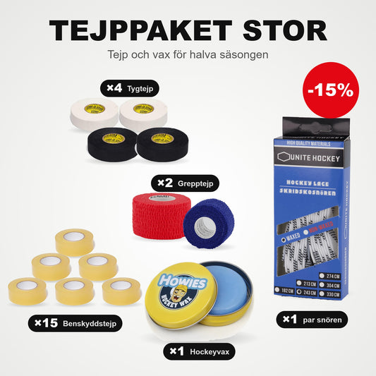 Teibikomplekt Suurus: 15 säärekaitsme-teip, 4 riideteipi, 2 haardeteipi, 1 paar uisupaelu ja hokivaha