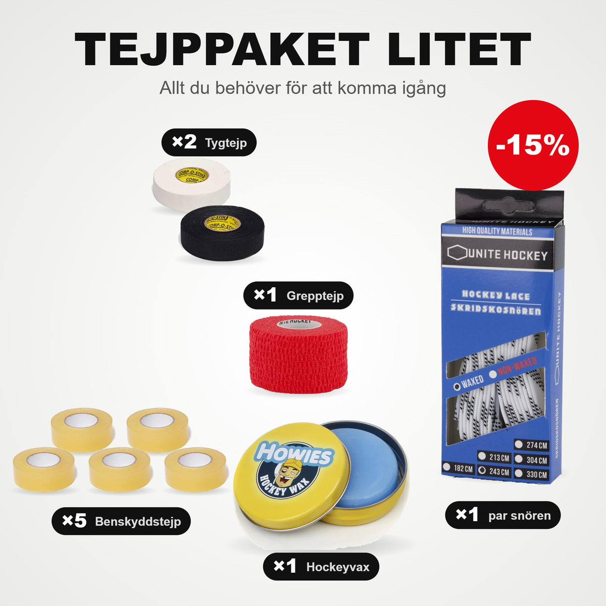 Teibikomplekt väike: 5 Säärekaitsme-teip, 2 riideteipi, 1 gripiteip, 1 paar uisupaelu ja hokivaha