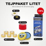 Teibikomplekt väike: 5 Säärekaitsme-teip, 2 riideteipi, 1 gripiteip, 1 paar uisupaelu ja hokivaha